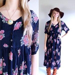 SALE! Vintage Black Floral Boho Dress