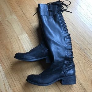 Two Lips Lockdown Black Leather LaceUp Riding Boot