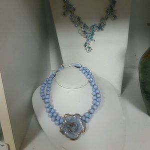 Vintage porcelain blue rose necklace