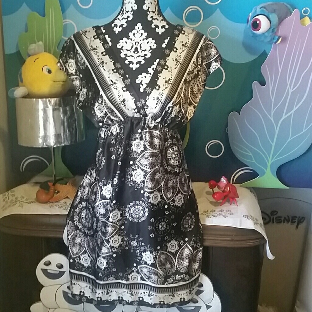Satin paisley floral sun dress black gray white