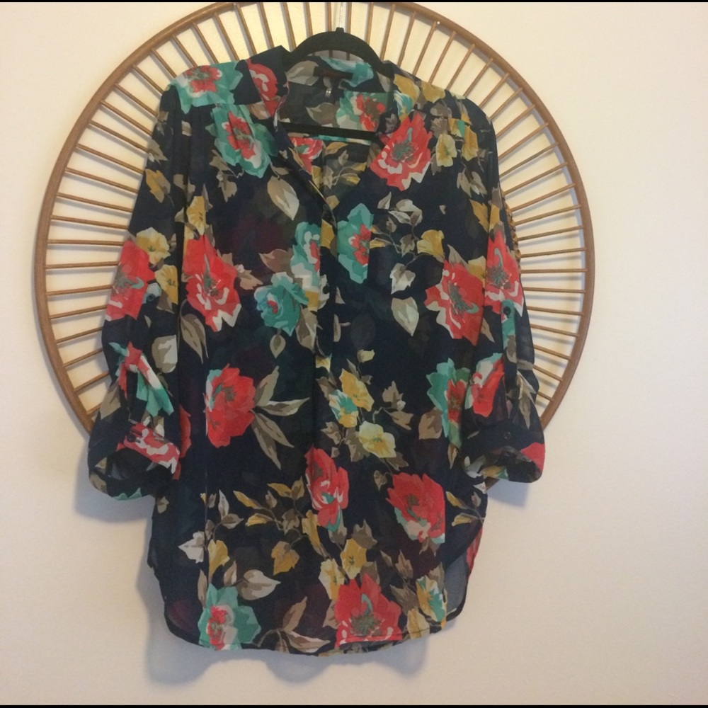 Navy Blue Floral Button Down Blouse