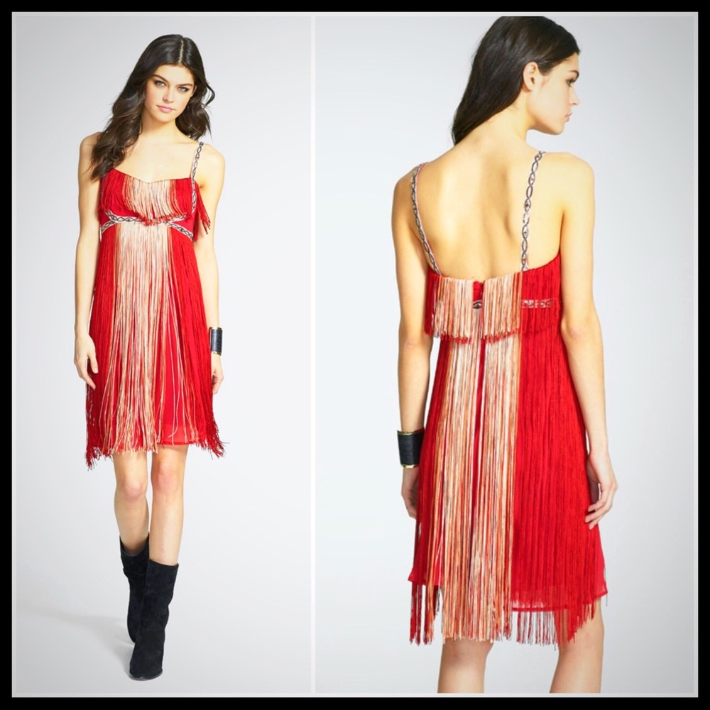 FREE PEOPLE RED FRINGE SLIP PARTY DRESS - Picture 3 of 8