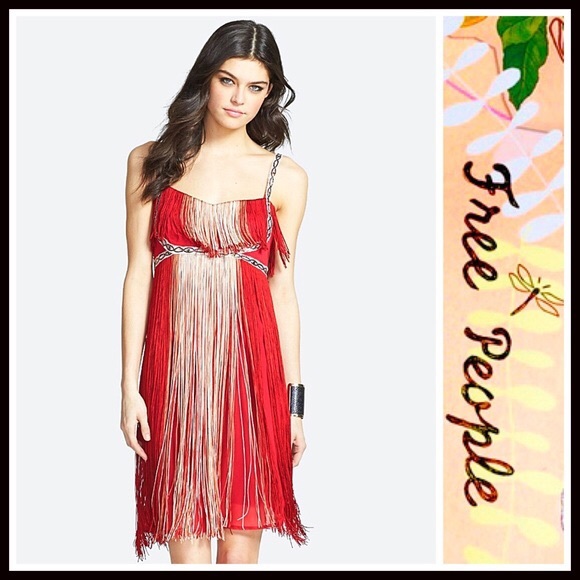 FREE PEOPLE RED FRINGE SLIP PARTY DRESS - Picture 6 of 8