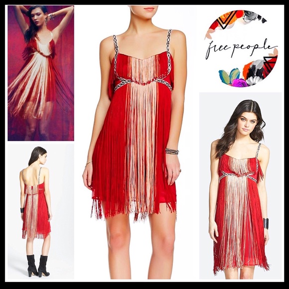 FREE PEOPLE RED FRINGE SLIP PARTY DRESS - Picture 8 of 8