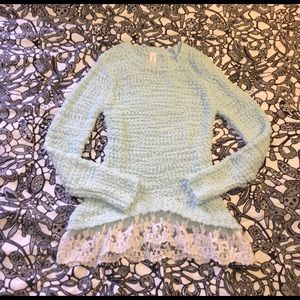 Long sleeve, baby blue sweater with lace bottom