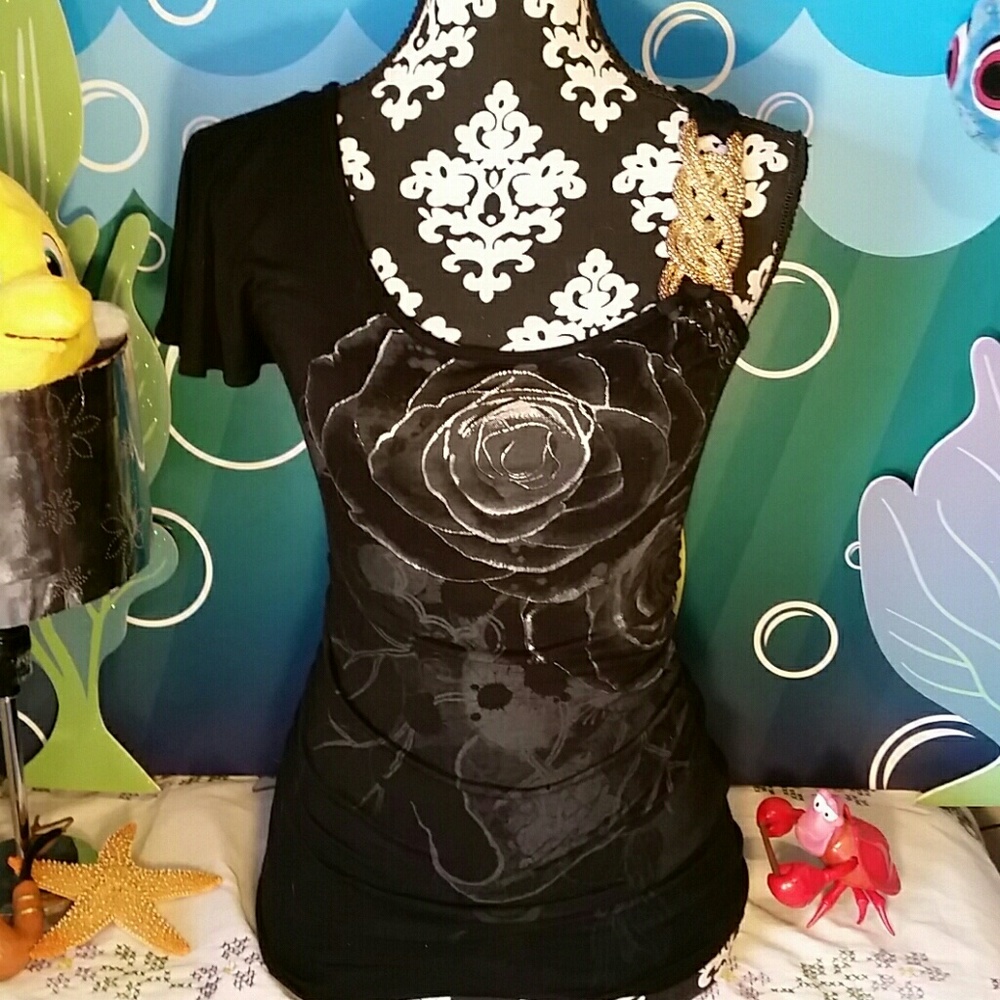 Enchanted rose metal embellished one shoulder top