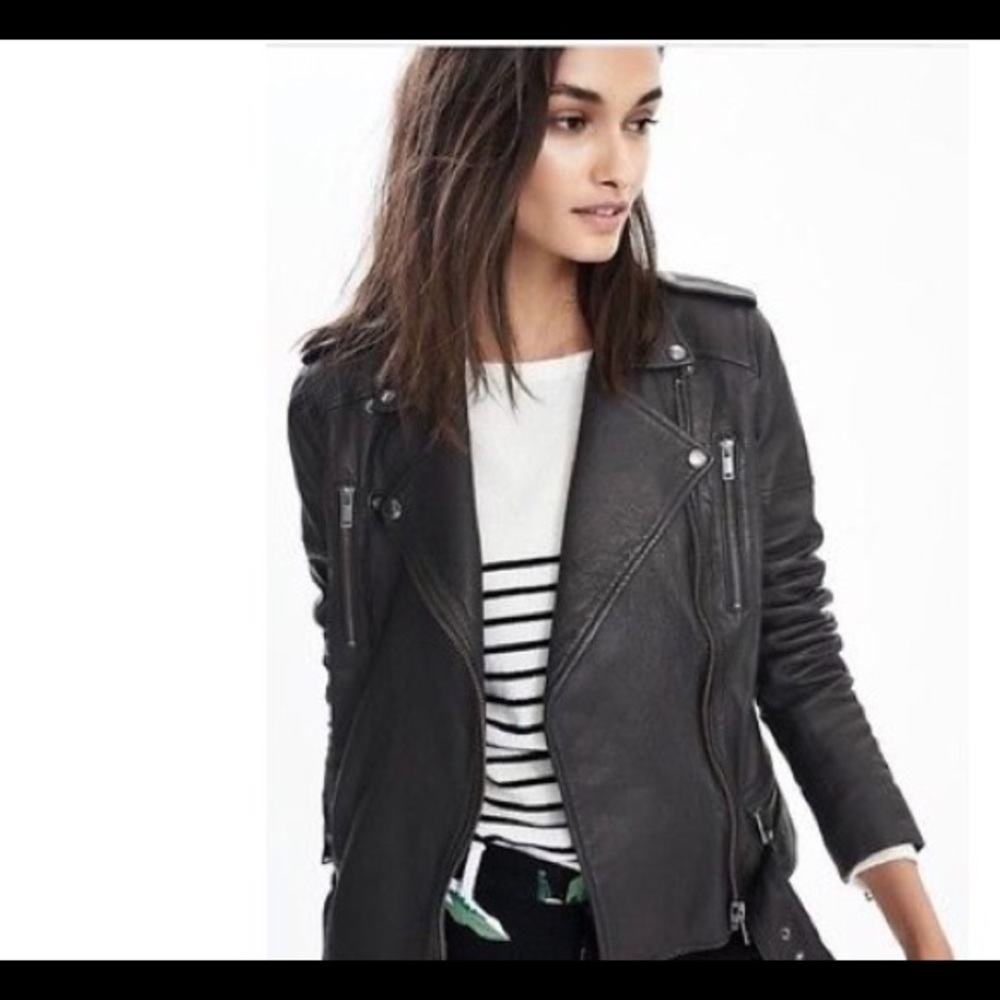 Banana Republic black leather motorcycle jacket.