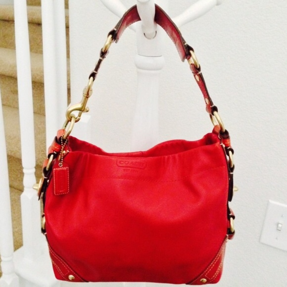 Large Red Leather Coach Hobo Bag with Gold accents