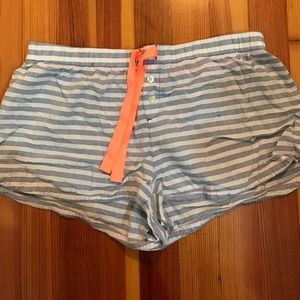 Blue and white striped pajama shorts