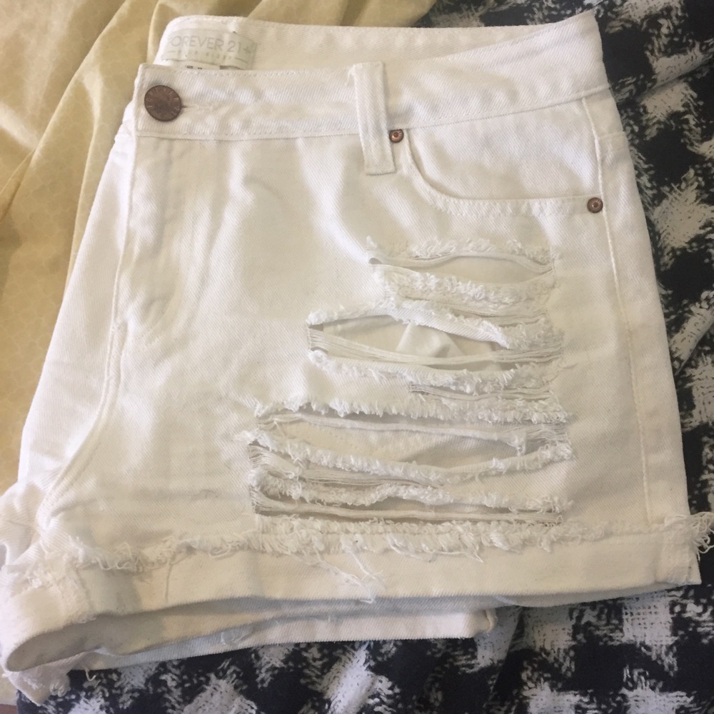 Forever21+ Destroyed white denim shorts