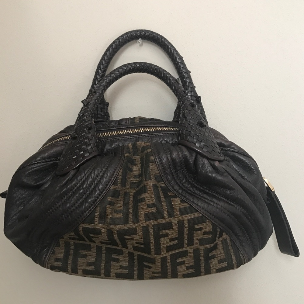 Fendi Brown Zucca Baby Spy Satchel in Lamb + Calf