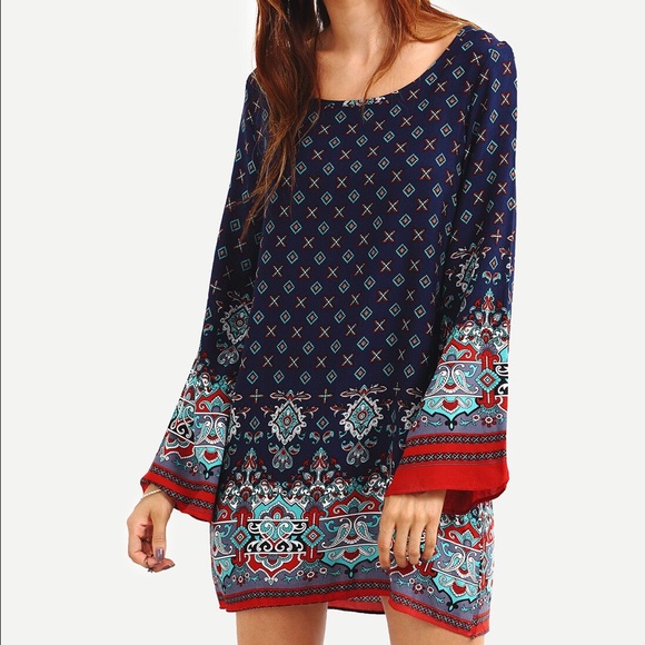 Navy pattern print mini dress DRC146 - Picture 2 of 4