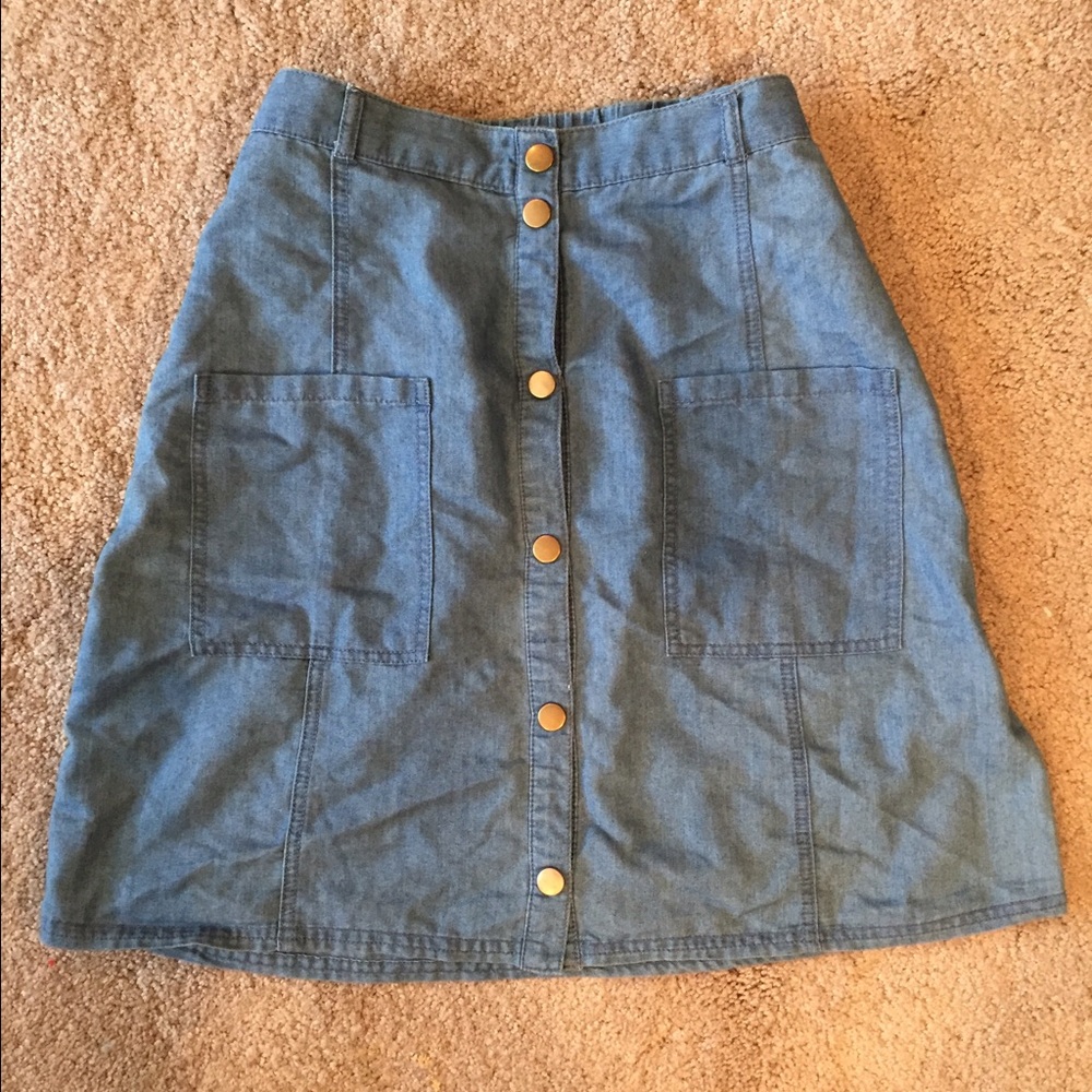 Blue faux denim button down skirt