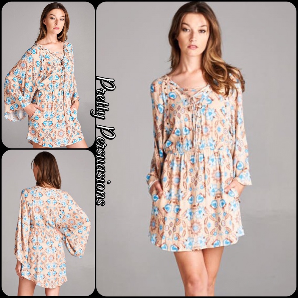 NWT Taupe Floral Print Lace Up Bell Sleeve Dress - Picture 4 of 7