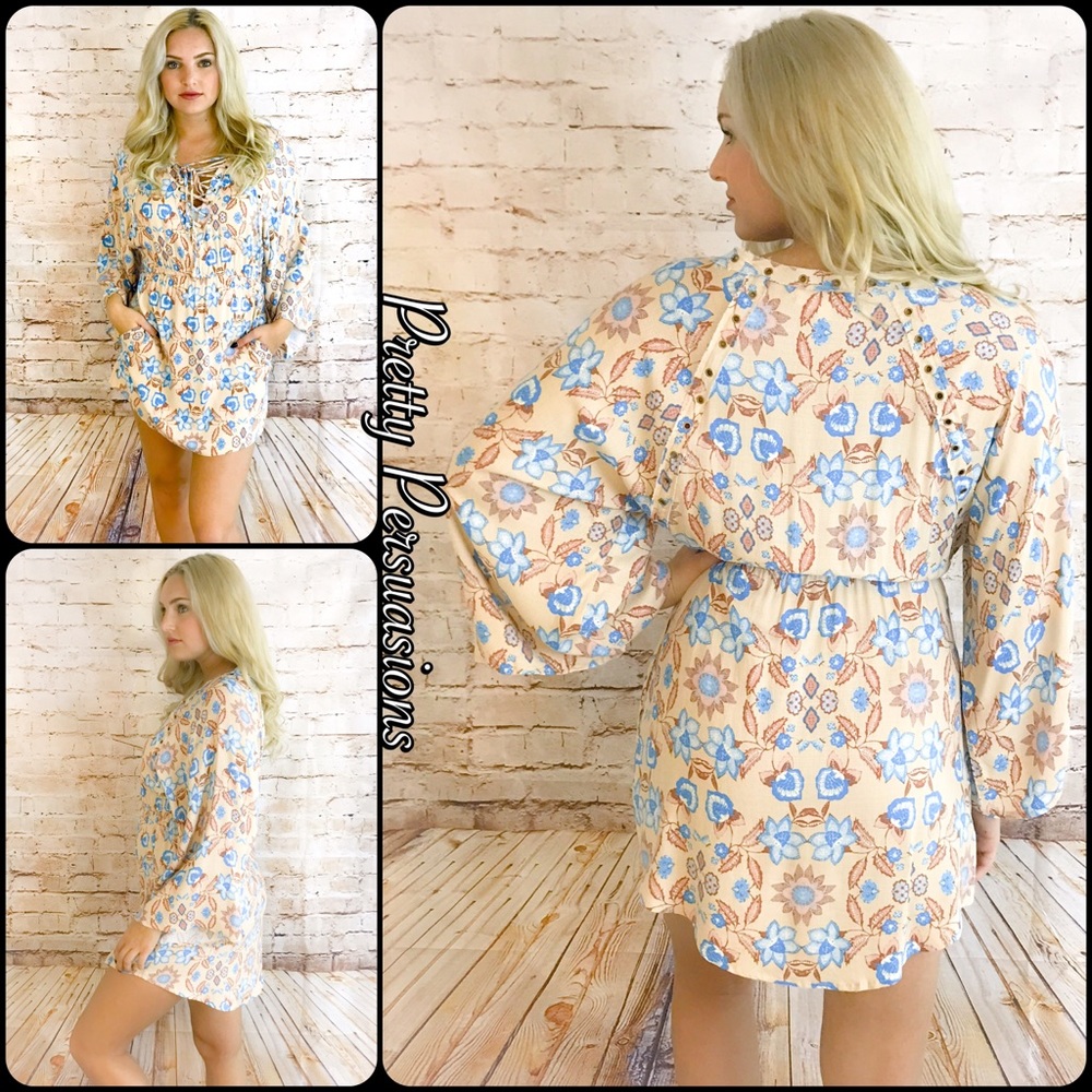 NWT Taupe Floral Print Lace Up Bell Sleeve Dress - Picture 3 of 7