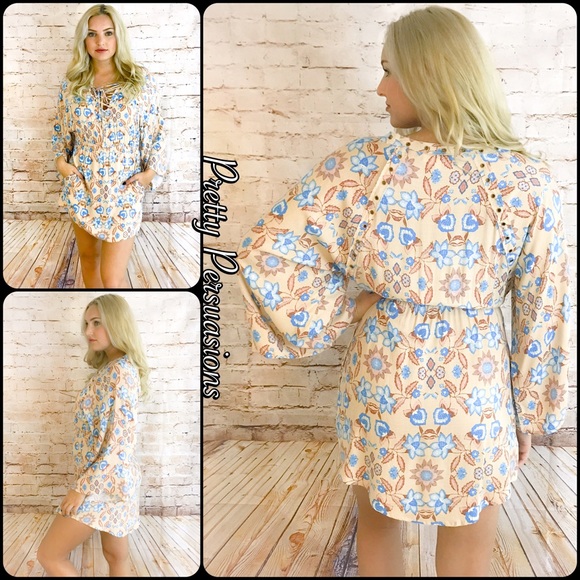 NWT Taupe Floral Print Lace Up Bell Sleeve Dress - Picture 3 of 7