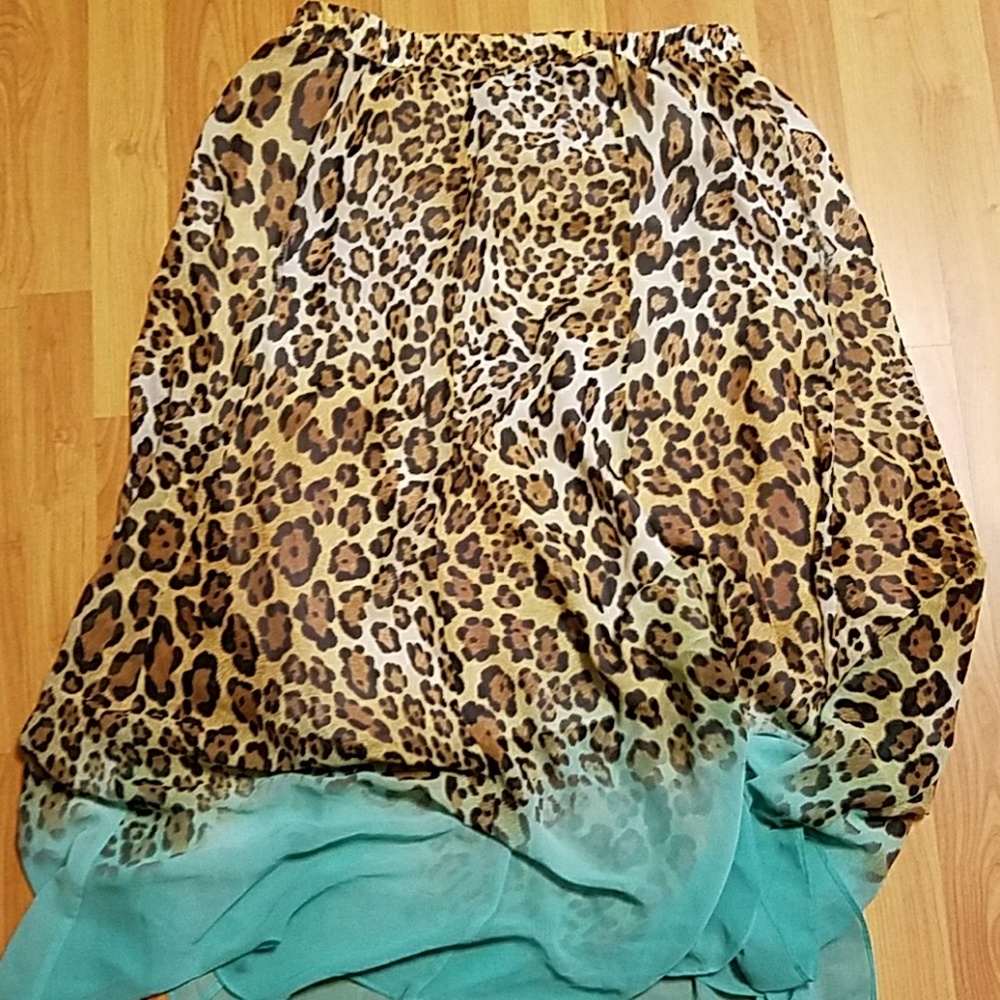 Flowing leopard print and teal skirt
