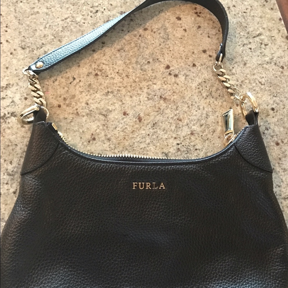 Furla black clutch/ handbag with gold chain