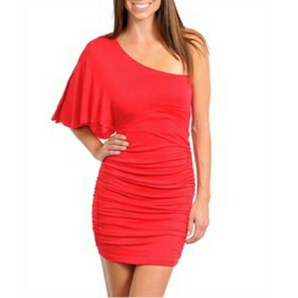 One shoulder sleeve red dress -SMALL