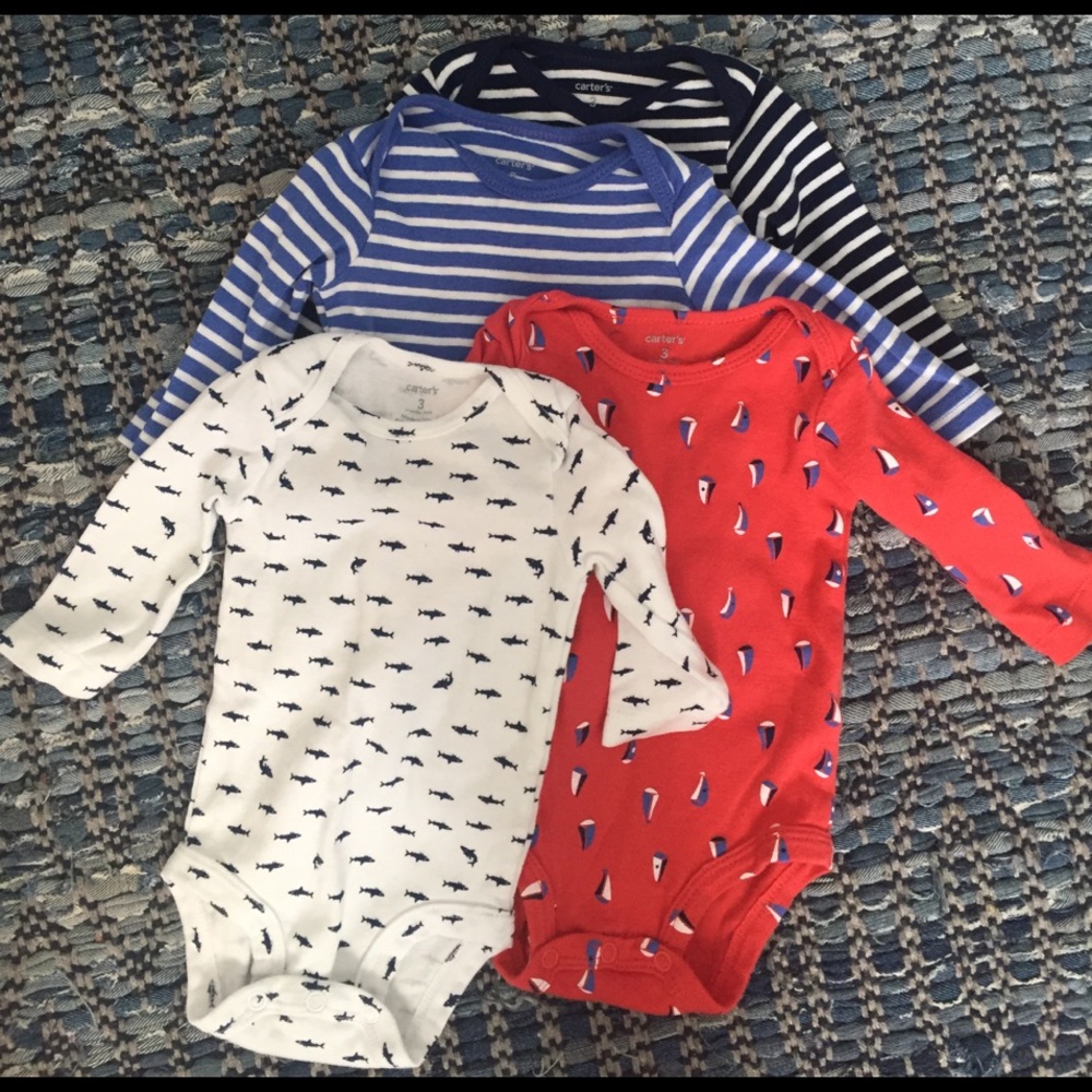 Carter's onesies- 3MO- stripes, sailboats, sharks