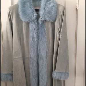 Never been worn blue suede coat w/ faux fur trim