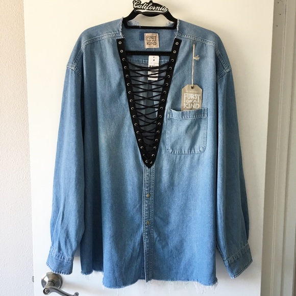 LF Tops - BNWT lace up chambray button up