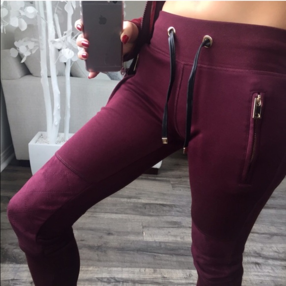 🆕 Burgundy Motto Suede Track Pants