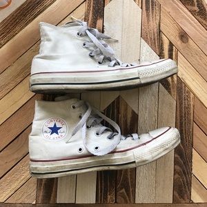 Blue, white and red high top converse