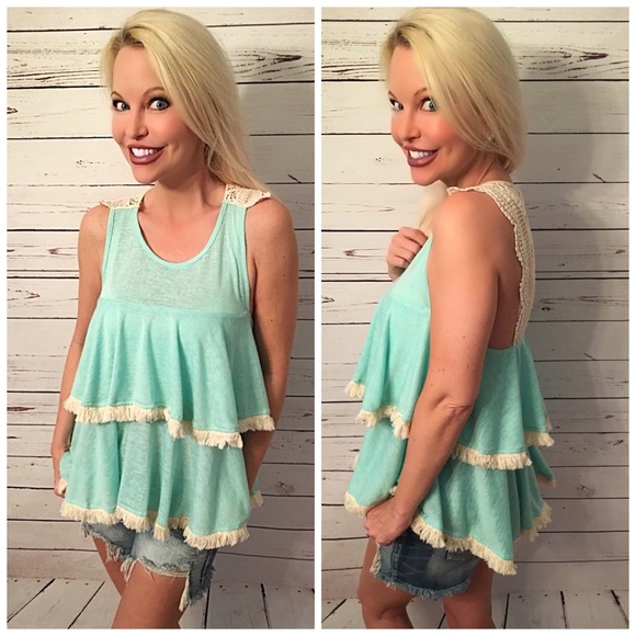 SUMMER CLEARANCE 💕Mint ruffle tank with open lace - Picture 2 of 3