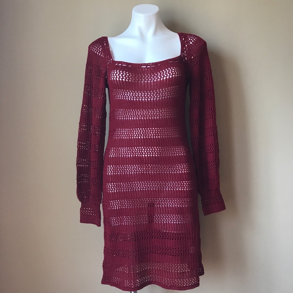 Kimchi & Blue Open Weave Sweater Dress Burgundy S