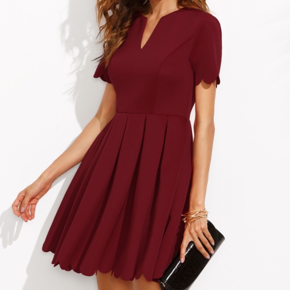 Cranberry scallop fit and flare dress - split neck