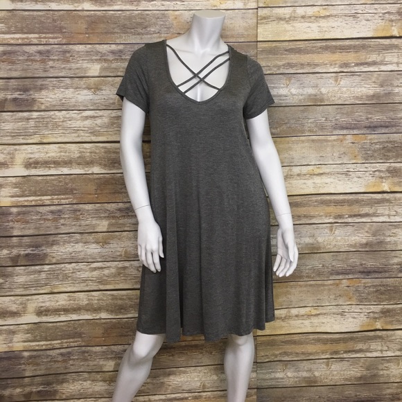 🍍Gray Crisscross String Neckline Shirt Dress - Picture 4 of 7