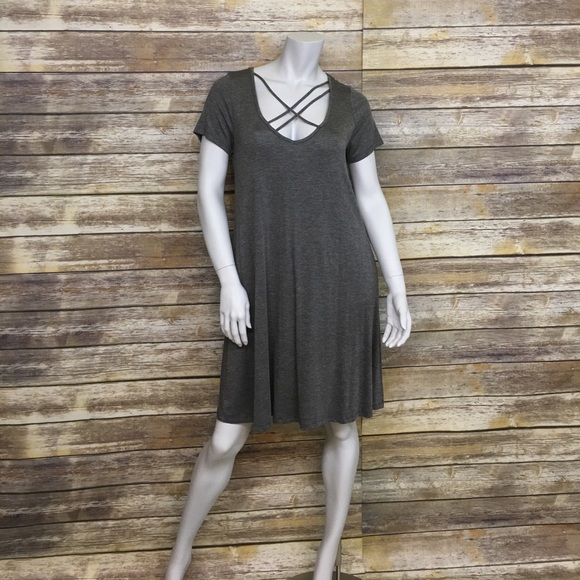 🍍Gray Crisscross String Neckline Shirt Dress - Picture 5 of 7