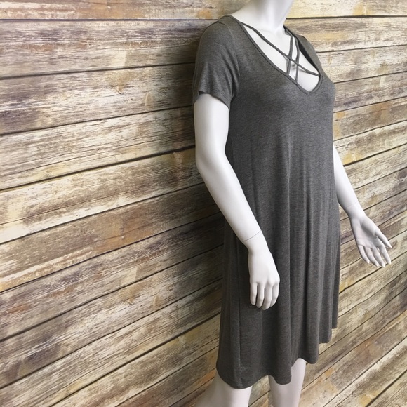 🍍Gray Crisscross String Neckline Shirt Dress - Picture 3 of 7