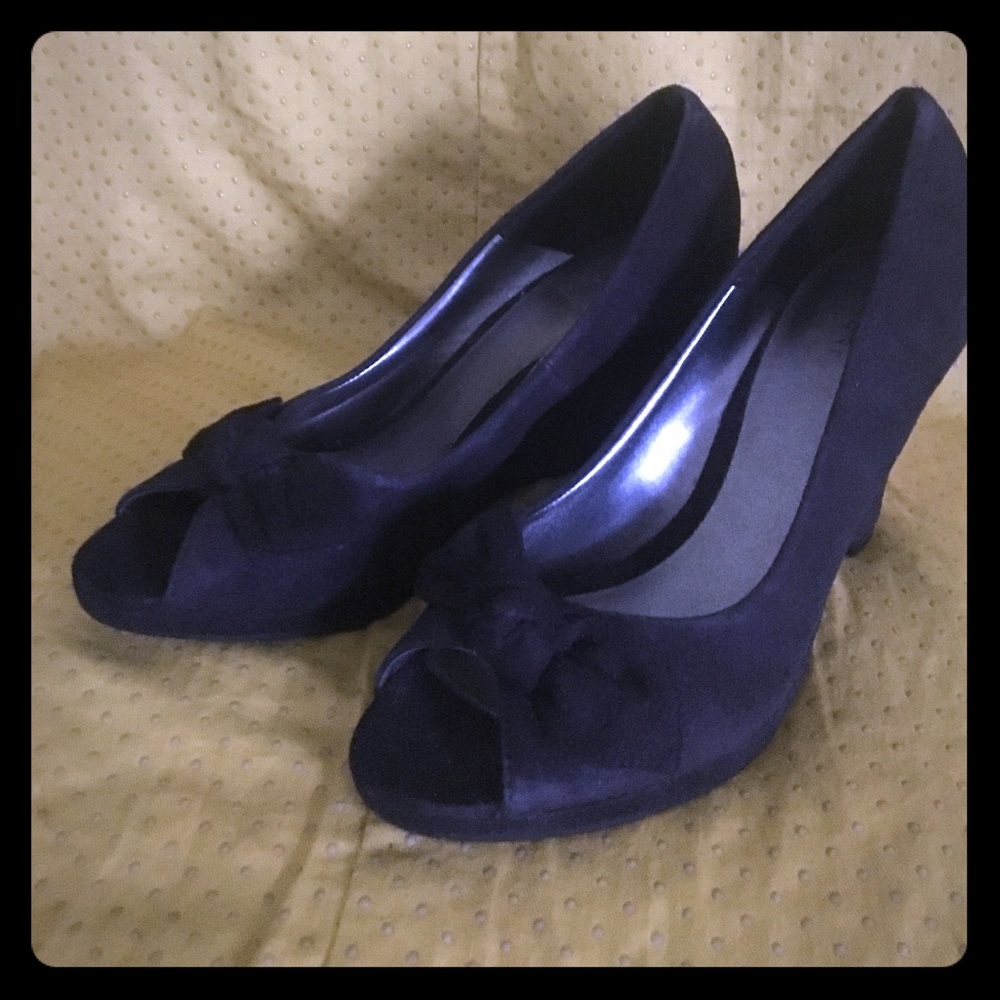 Black Suede Peep Toe Platform Heel With Bow