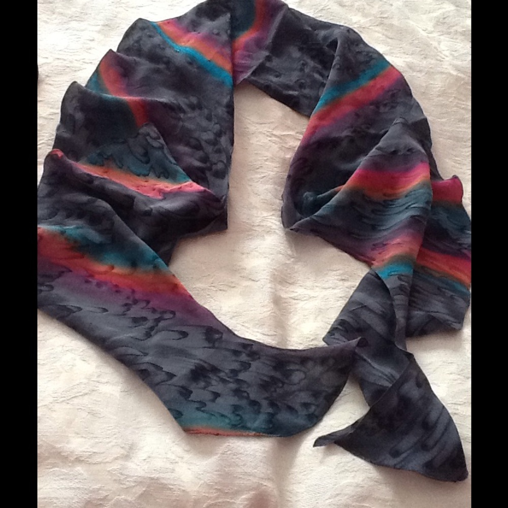 Scarf-grays with rainbow pattern rain drop effect.