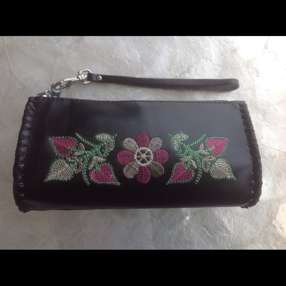 Black embroidered wristlet, vegan leather