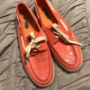 Coral Sequin Sperrys