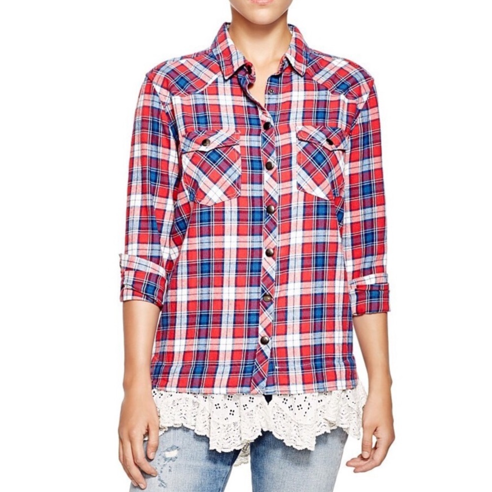 Vintage Havana Crocheted Trim Plaid Flannel Shirt