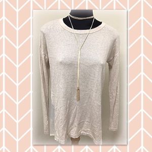 Oatmeal long sleeve chiffon trim top