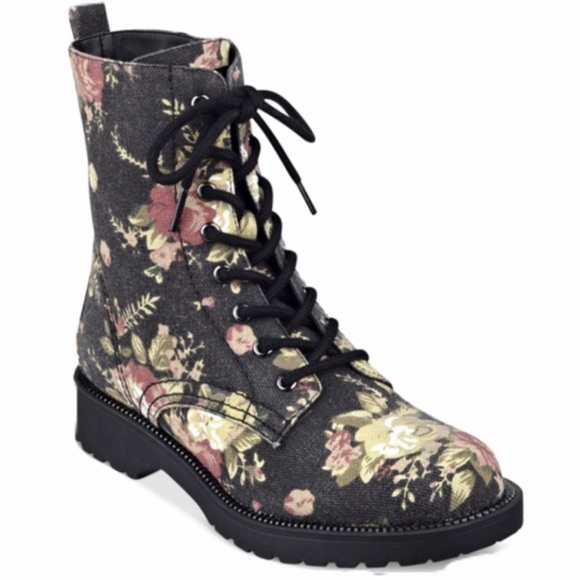 Guess Shoes - New Floral COMBAT BOOTS BLACK LACE up Ankle moto