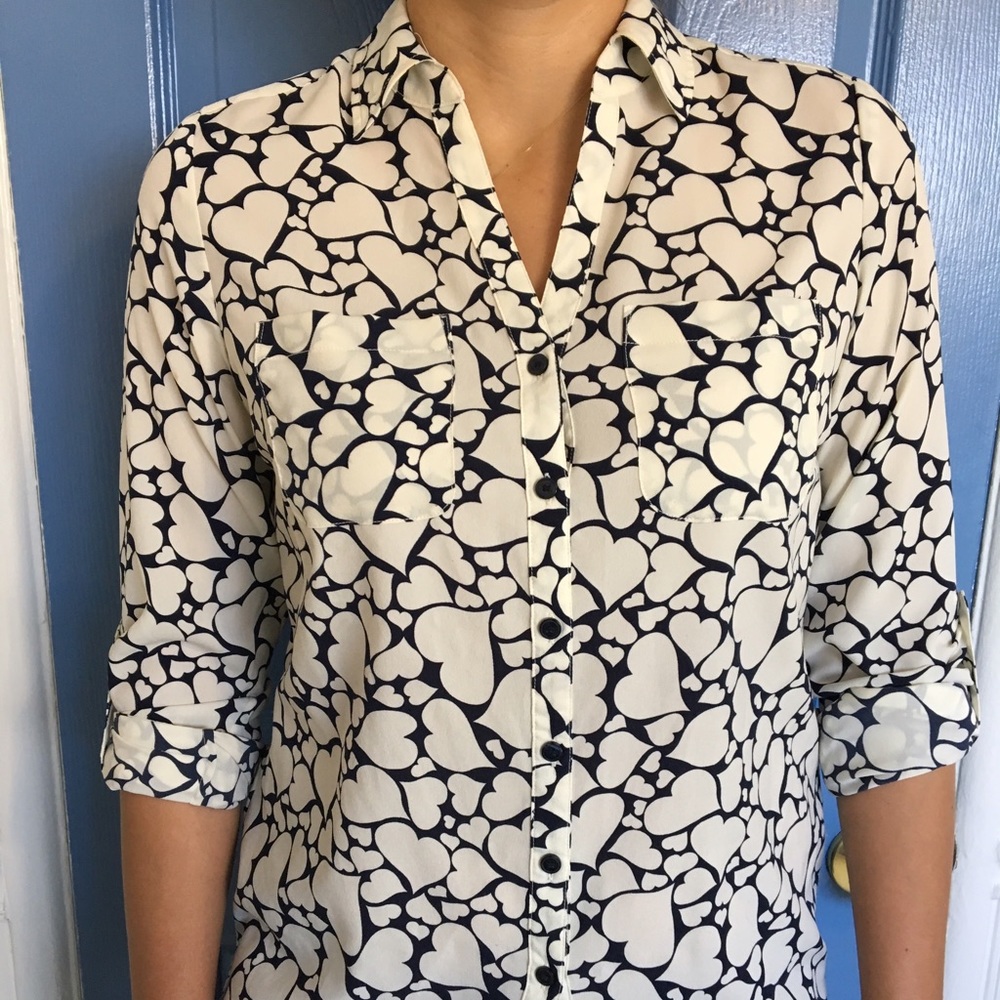 Talbots Nantucket Heart Print Button Down Blouse