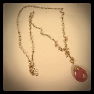 Gold and pink stone long hanging necklace