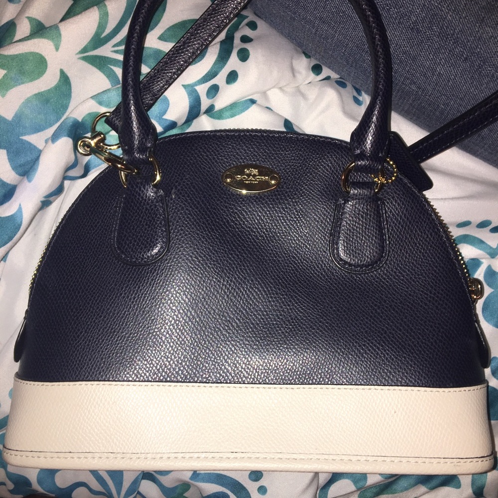 Blue and white mini coach purse