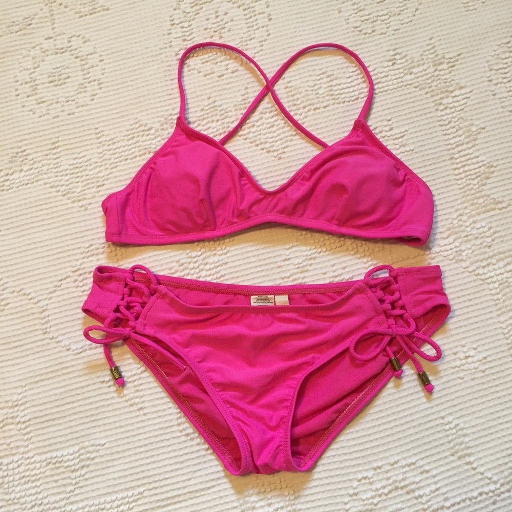 Neon Pink, Cross Back Side Tie Bikini