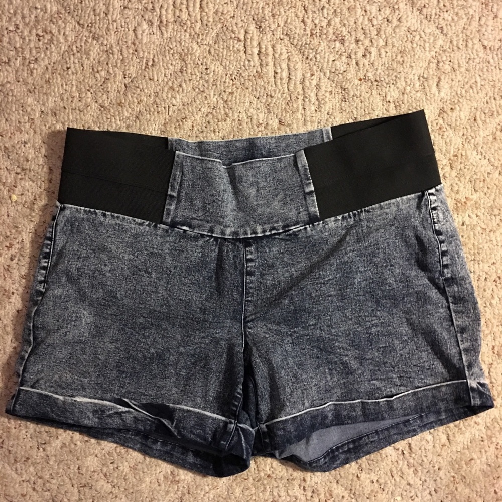 Stretch waist acid washed faux denim shorts