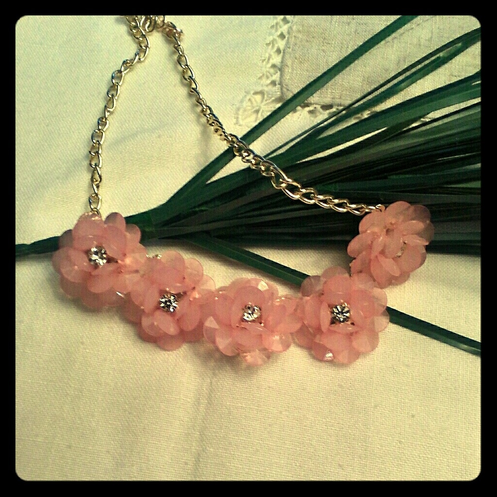 Pink Floral Gold Bib Necklace