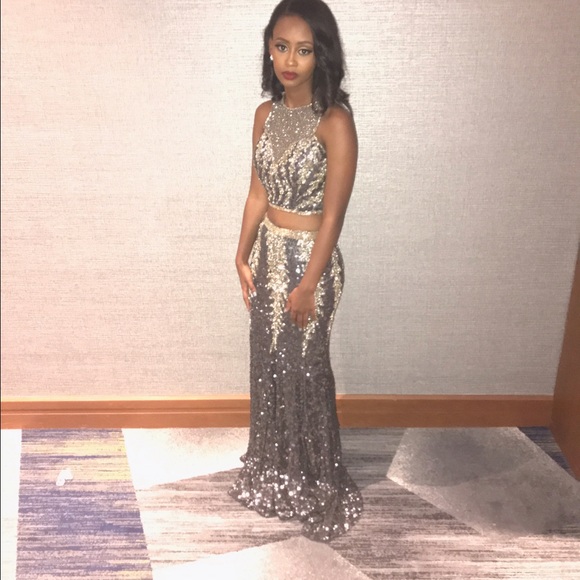 strapless open back dress Two Piece Halter High Neck Beaded A-line Top Tulle Long Prom Dresses   Promnova