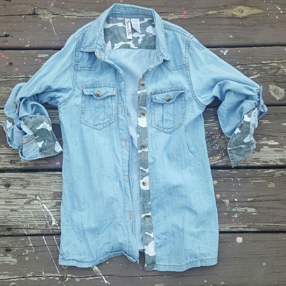 Girls Denim shirt with camouflage trim