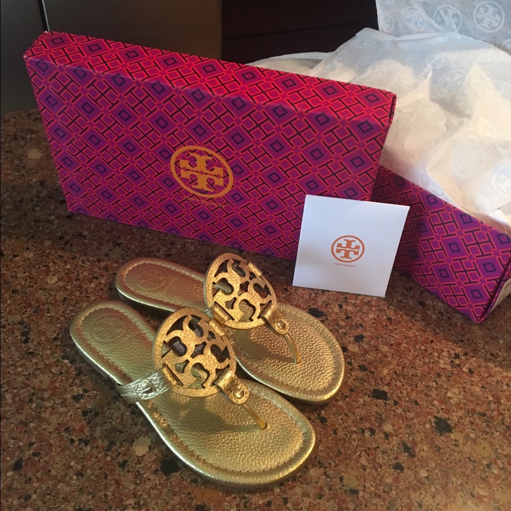 Tory Burch Gold Miller Sandals Size 5 NWT